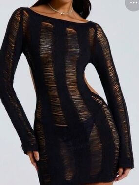 Jaded London Black Sheer Distressed Long Sleeve Bodycon Dress